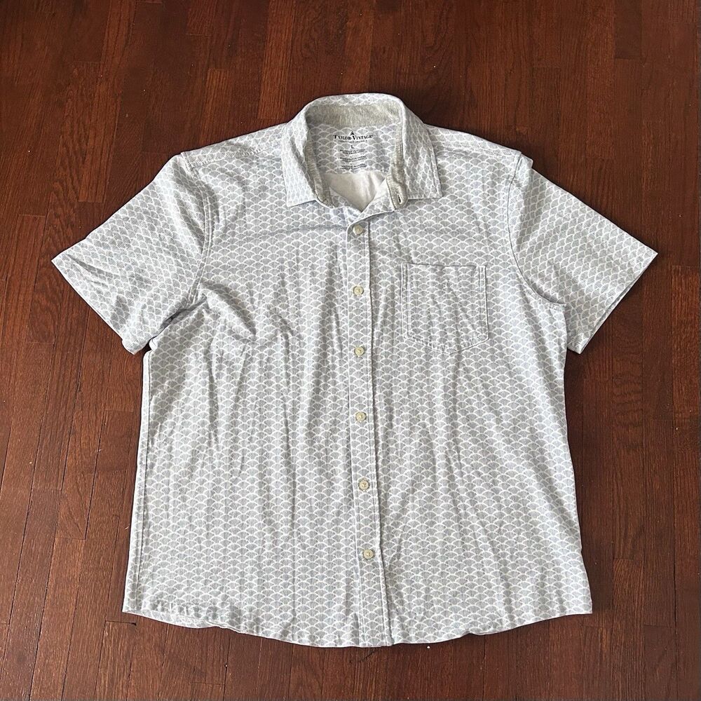 Tailor Vintage Large Shirt Fish Scales Blue White Short Sleeve Blue Cotton Blend - Picture 2 of 4